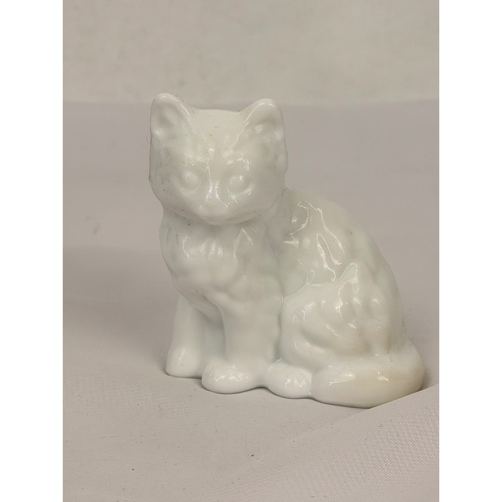 Mosser Glass Sitting Cat Figurine White Milk Glass Vintage Style Collectible 3"